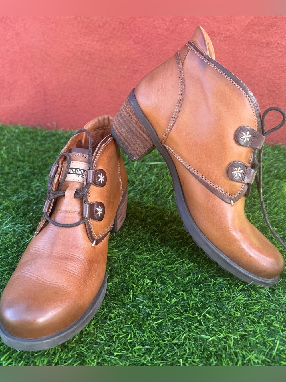 PIKOLINOS Tan Leather Low Heel Lace-Up Ankle Shoes